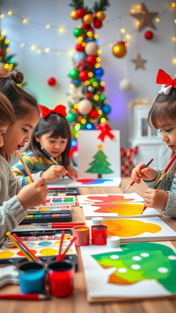 Children engaged in a fun Christmas painting activity with colorful paints and holiday decorations.